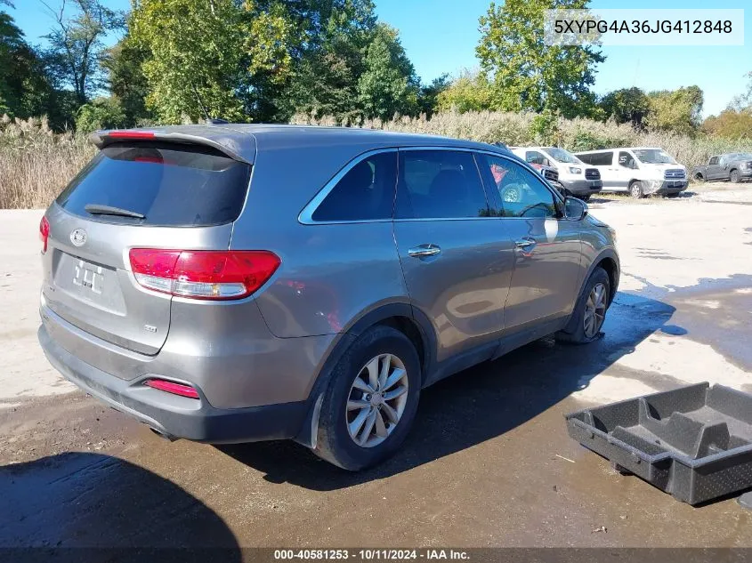 2018 Kia Sorento 2.4L L VIN: 5XYPG4A36JG412848 Lot: 40581253