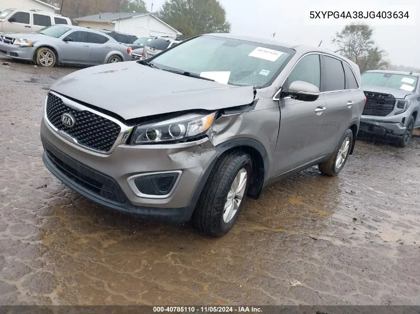 2018 Kia Sorento 2.4L L VIN: 5XYPG4A38JG403634 Lot: 40785110