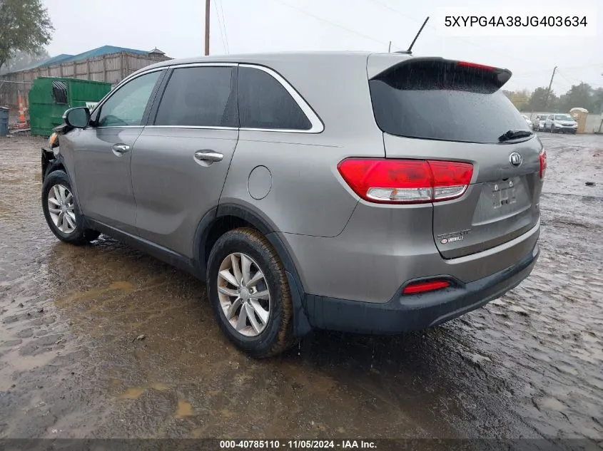 2018 Kia Sorento 2.4L L VIN: 5XYPG4A38JG403634 Lot: 40785110