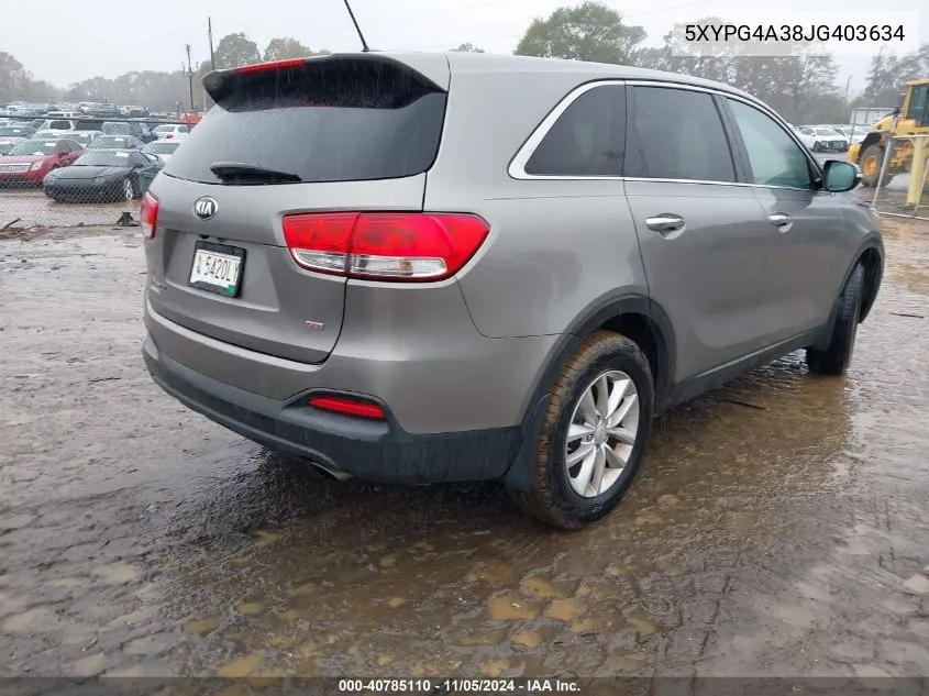 2018 Kia Sorento 2.4L L VIN: 5XYPG4A38JG403634 Lot: 40785110