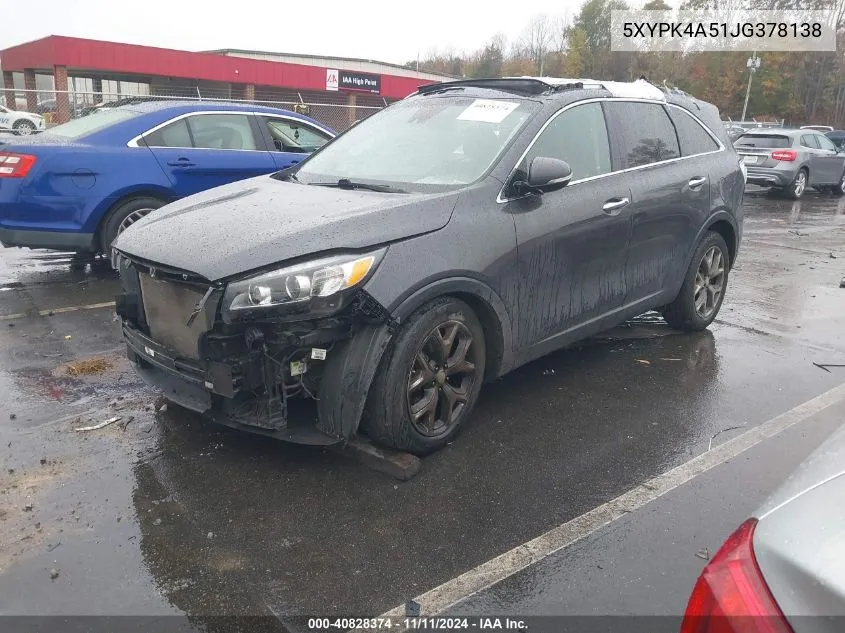 2018 Kia Sorento 3.3L Sx VIN: 5XYPK4A51JG378138 Lot: 40828374