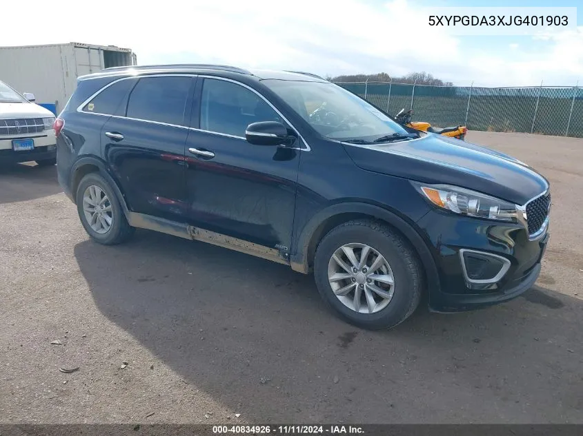 2018 Kia Sorento 2.4L Lx VIN: 5XYPGDA3XJG401903 Lot: 40834926