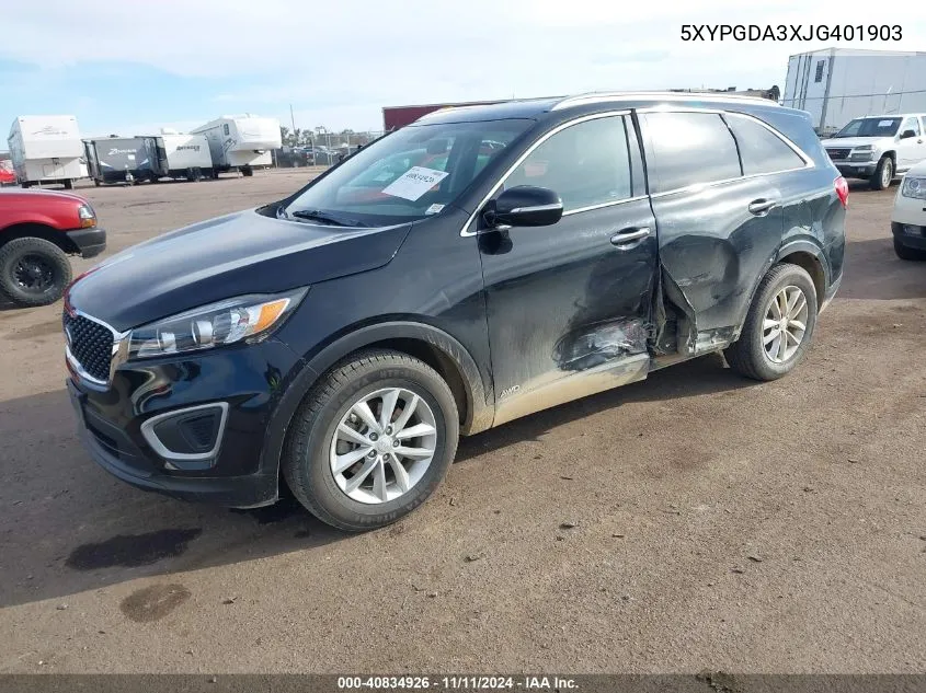 2018 Kia Sorento 2.4L Lx VIN: 5XYPGDA3XJG401903 Lot: 40834926