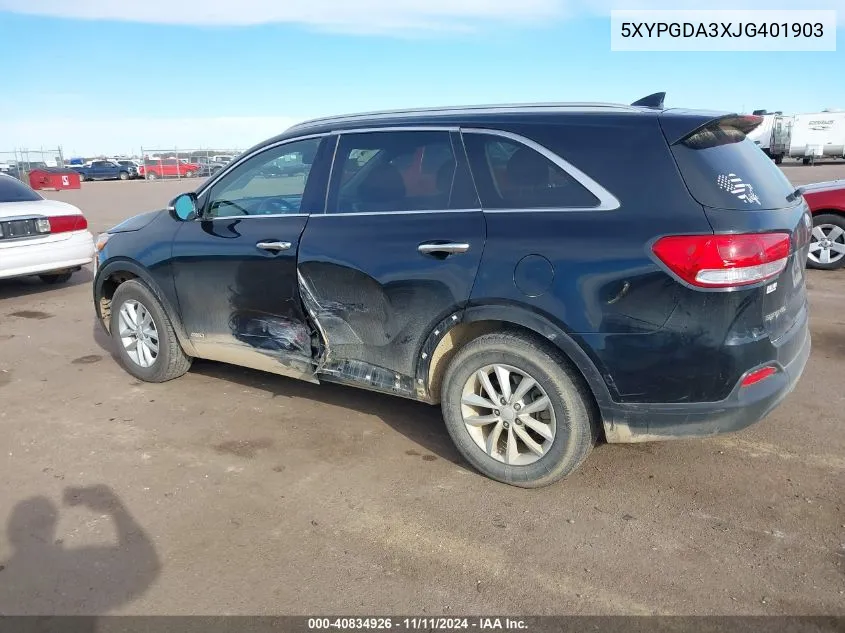 2018 Kia Sorento 2.4L Lx VIN: 5XYPGDA3XJG401903 Lot: 40834926