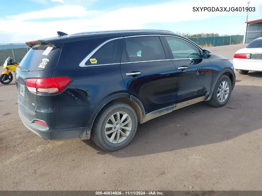 2018 Kia Sorento 2.4L Lx VIN: 5XYPGDA3XJG401903 Lot: 40834926