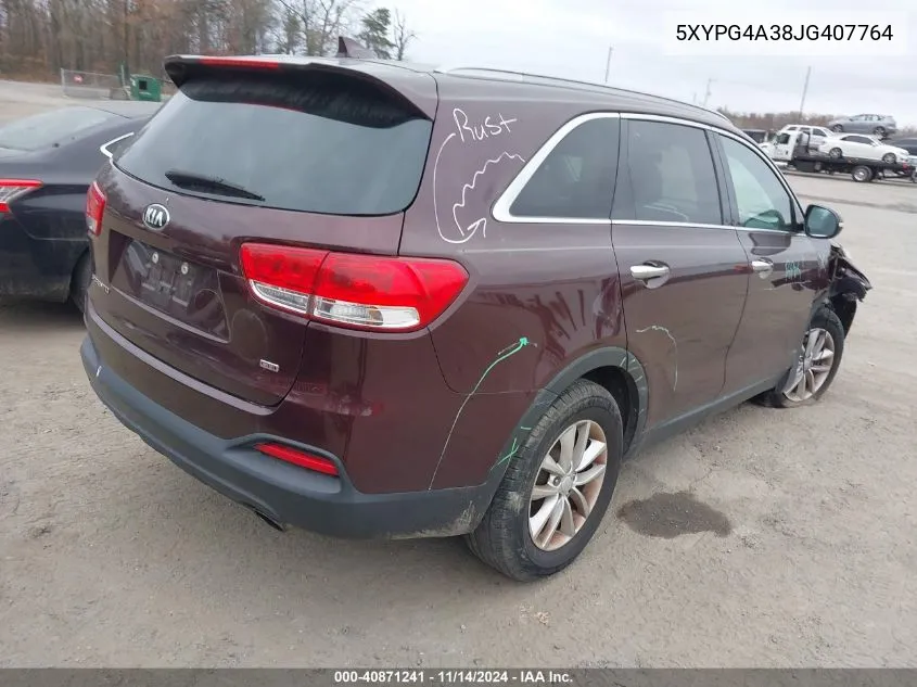 2018 Kia Sorento 2.4L Lx VIN: 5XYPG4A38JG407764 Lot: 40871241