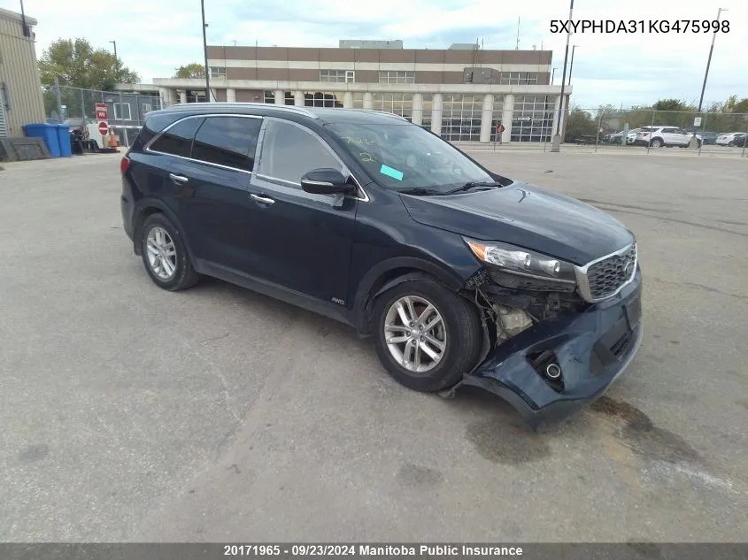 2019 Kia Sorento Ex VIN: 5XYPHDA31KG475998 Lot: 20171965