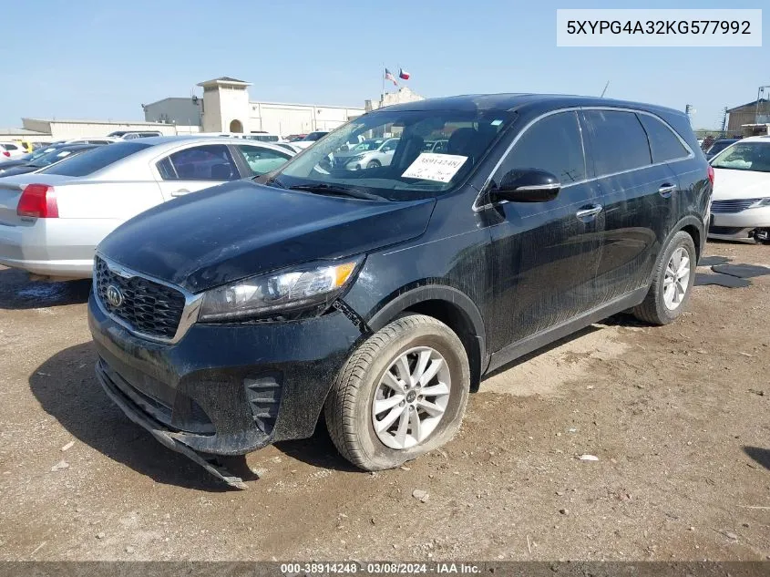 2019 Kia Sorento 2.4L L VIN: 5XYPG4A32KG577992 Lot: 38914248