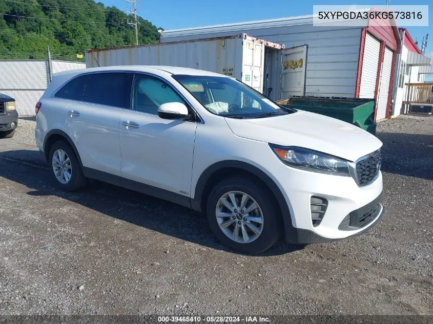 2019 Kia Sorento 2.4L Lx VIN: 5XYPGDA36KG573816 Lot: 39465410