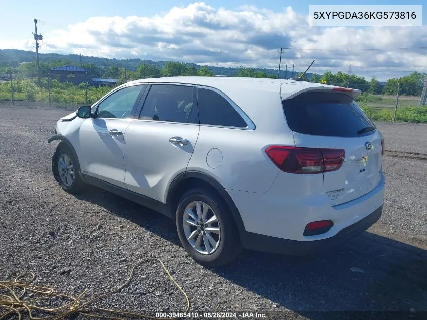 2019 Kia Sorento 2.4L Lx VIN: 5XYPGDA36KG573816 Lot: 39465410