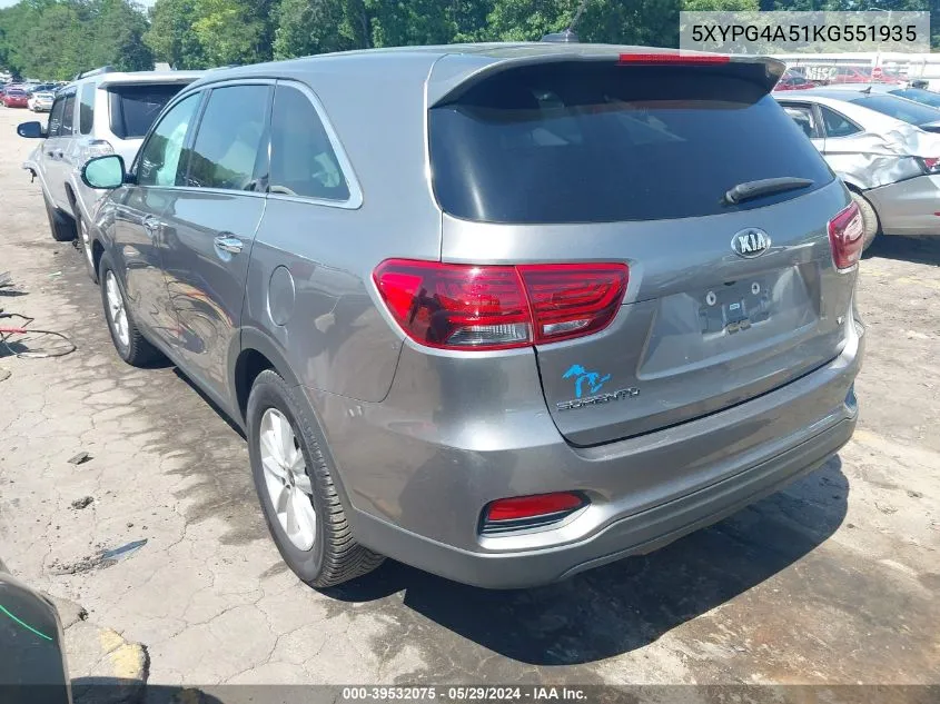 2019 Kia Sorento 3.3L Lx VIN: 5XYPG4A51KG551935 Lot: 39532075