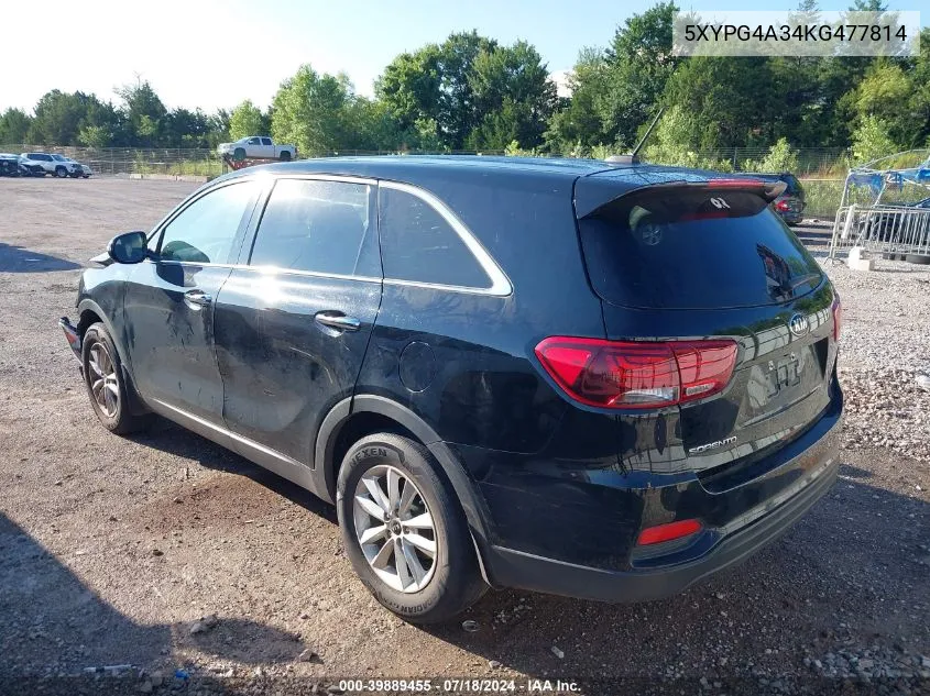 2019 Kia Sorento 2.4L L VIN: 5XYPG4A34KG477814 Lot: 39889455