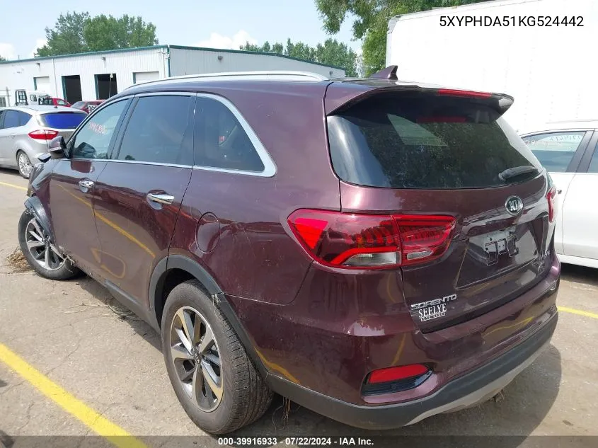 5XYPHDA51KG524442 2019 Kia Sorento 3.3L Ex