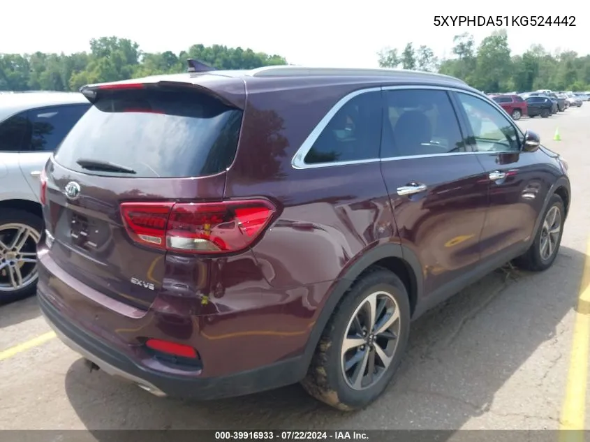 2019 Kia Sorento 3.3L Ex VIN: 5XYPHDA51KG524442 Lot: 39916933