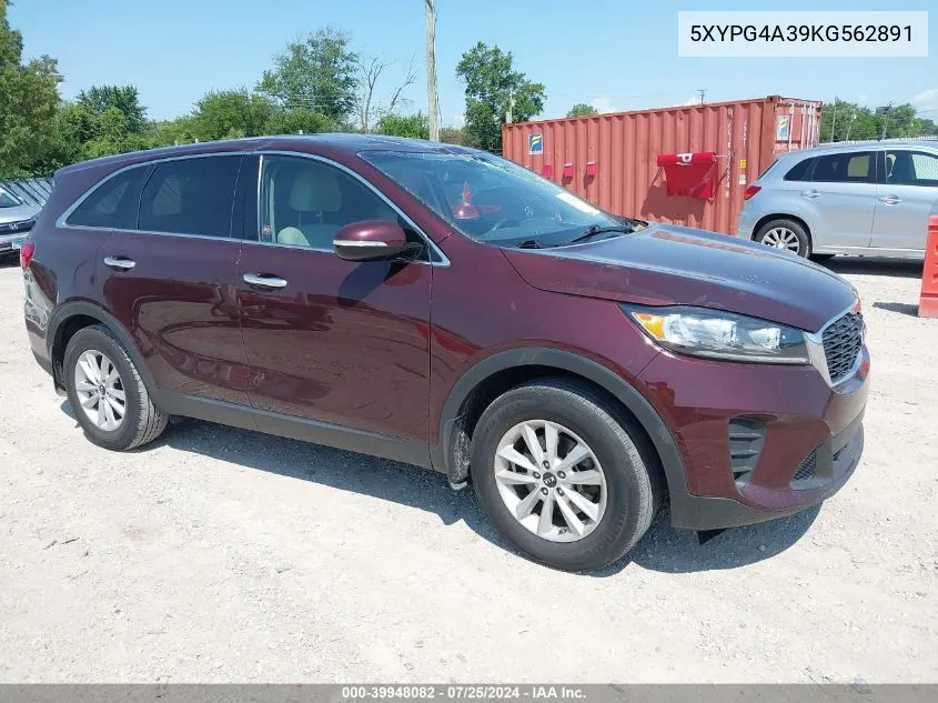 2019 Kia Sorento 2.4L Lx VIN: 5XYPG4A39KG562891 Lot: 39948082