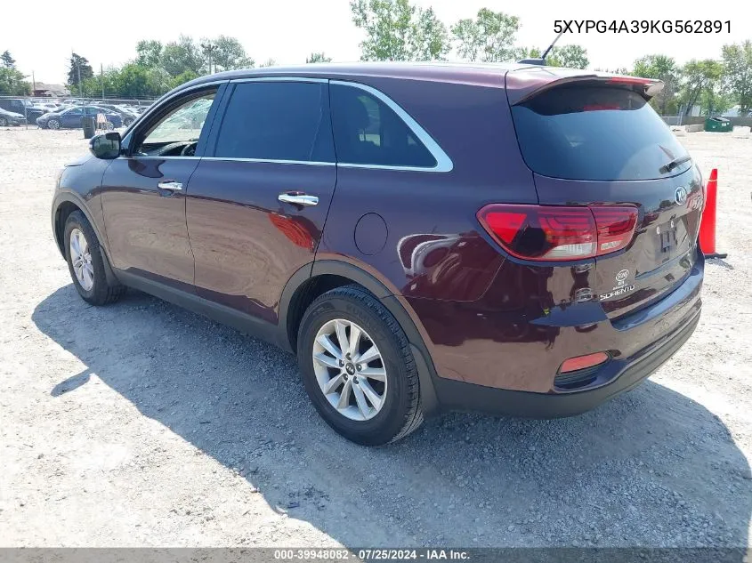 2019 Kia Sorento 2.4L Lx VIN: 5XYPG4A39KG562891 Lot: 39948082