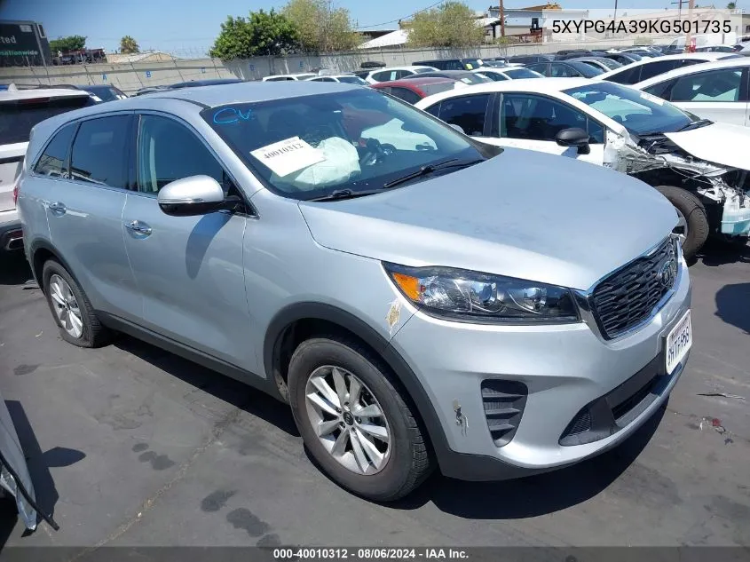 2019 Kia Sorento 2.4L Lx VIN: 5XYPG4A39KG501735 Lot: 40010312