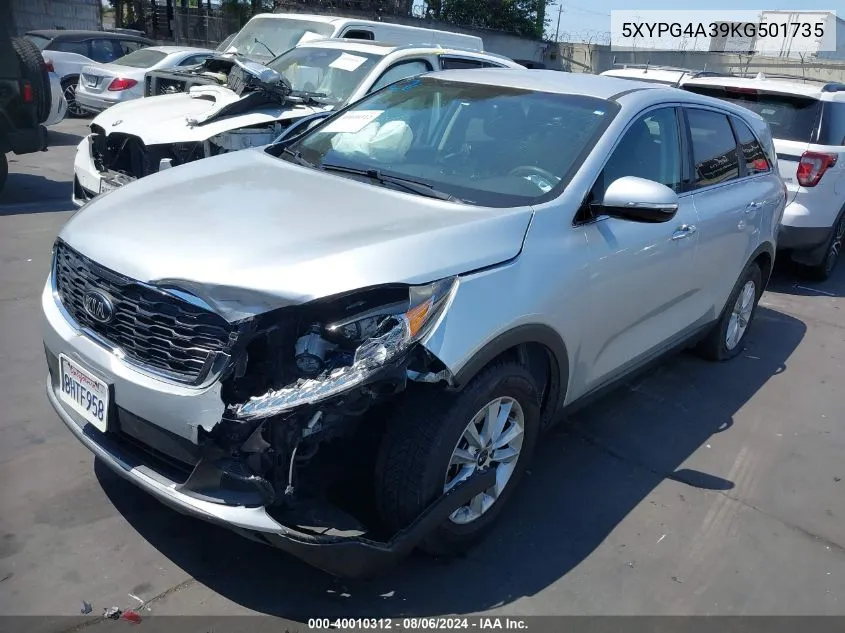 2019 Kia Sorento 2.4L Lx VIN: 5XYPG4A39KG501735 Lot: 40010312