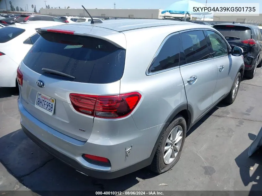 2019 Kia Sorento 2.4L Lx VIN: 5XYPG4A39KG501735 Lot: 40010312