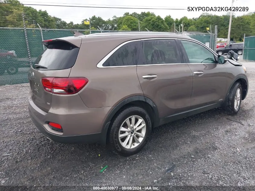 2019 Kia Sorento 2.4L Lx VIN: 5XYPGDA32KG429289 Lot: 40030977