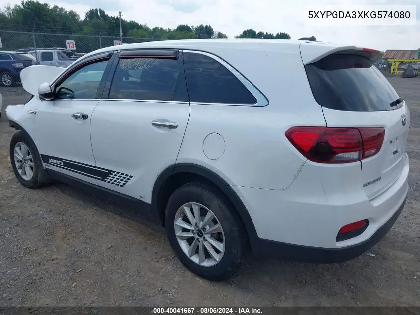 2019 Kia Sorento 2.4L Lx VIN: 5XYPGDA3XKG574080 Lot: 40041667