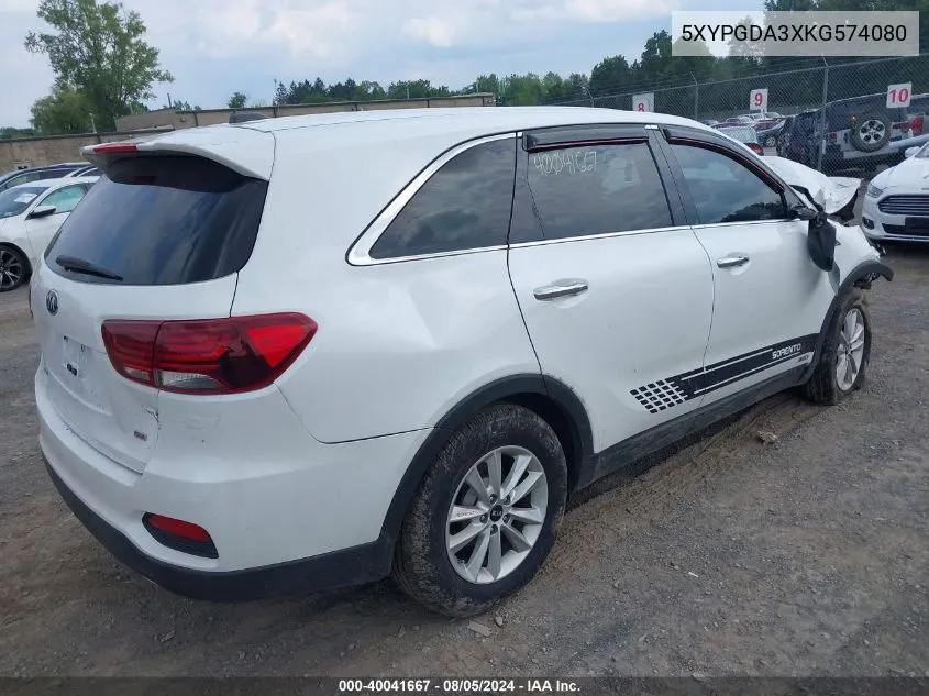 2019 Kia Sorento 2.4L Lx VIN: 5XYPGDA3XKG574080 Lot: 40041667