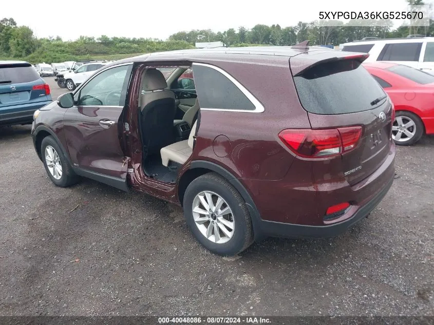 2019 Kia Sorento 2.4L Lx VIN: 5XYPGDA36KG525670 Lot: 40048086