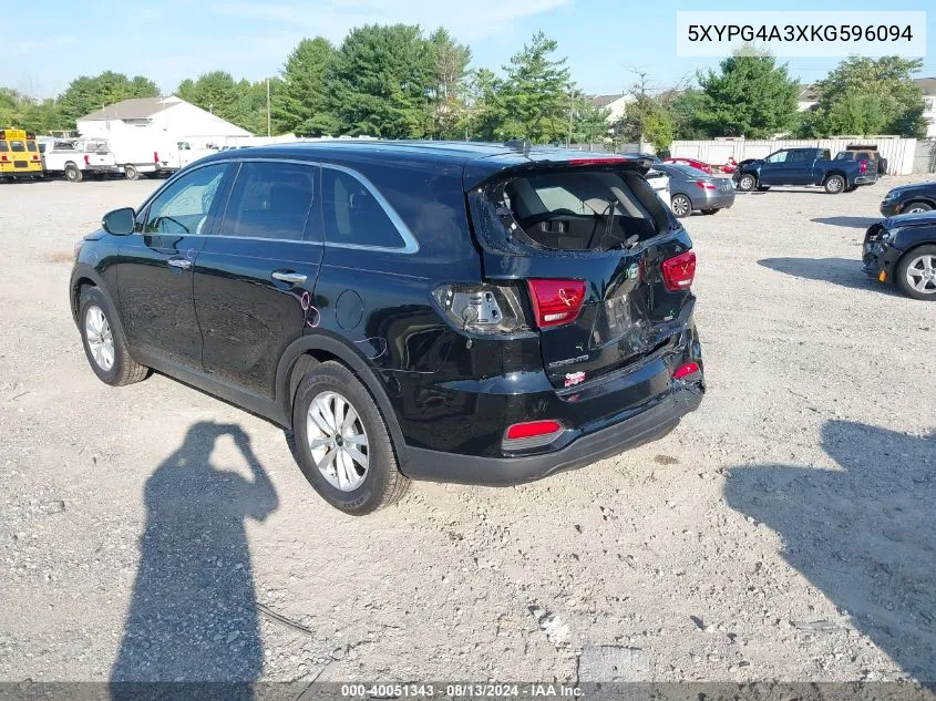 2019 Kia Sorento 2.4L L VIN: 5XYPG4A3XKG596094 Lot: 40051343