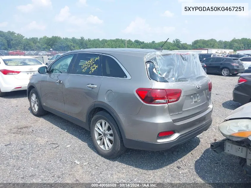 2019 Kia Sorento 3.3L Lx VIN: 5XYPGDA50KG467251 Lot: 40058509