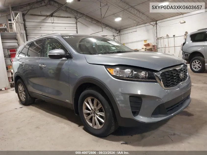 2019 Kia Sorento 2.4L Lx VIN: 5XYPGDA3XKG603657 Lot: 40072506