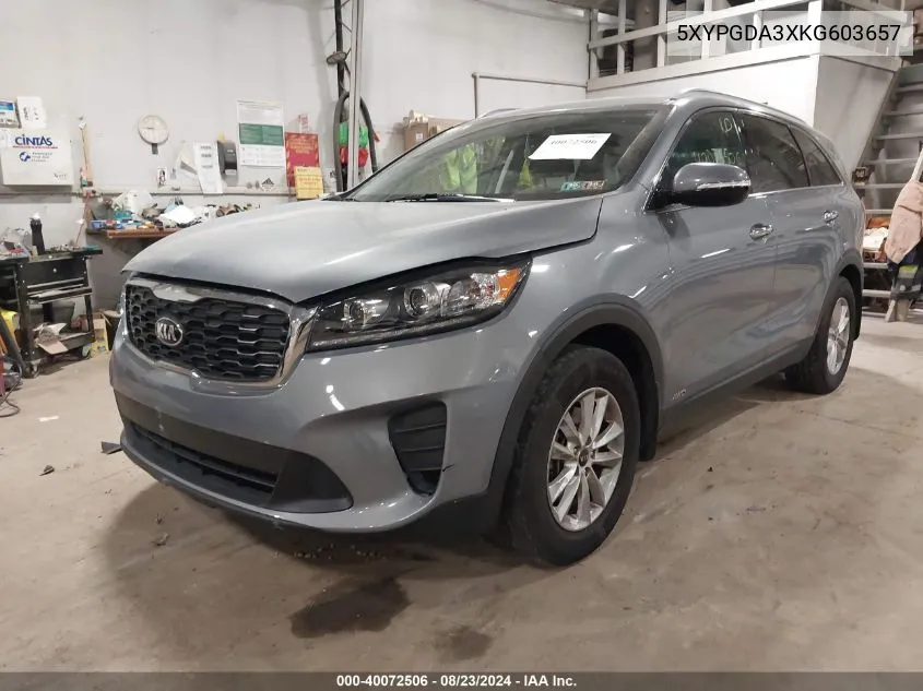 2019 Kia Sorento 2.4L Lx VIN: 5XYPGDA3XKG603657 Lot: 40072506