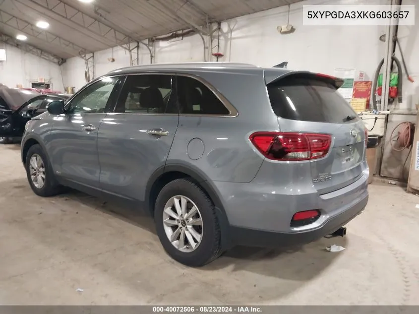 2019 Kia Sorento 2.4L Lx VIN: 5XYPGDA3XKG603657 Lot: 40072506