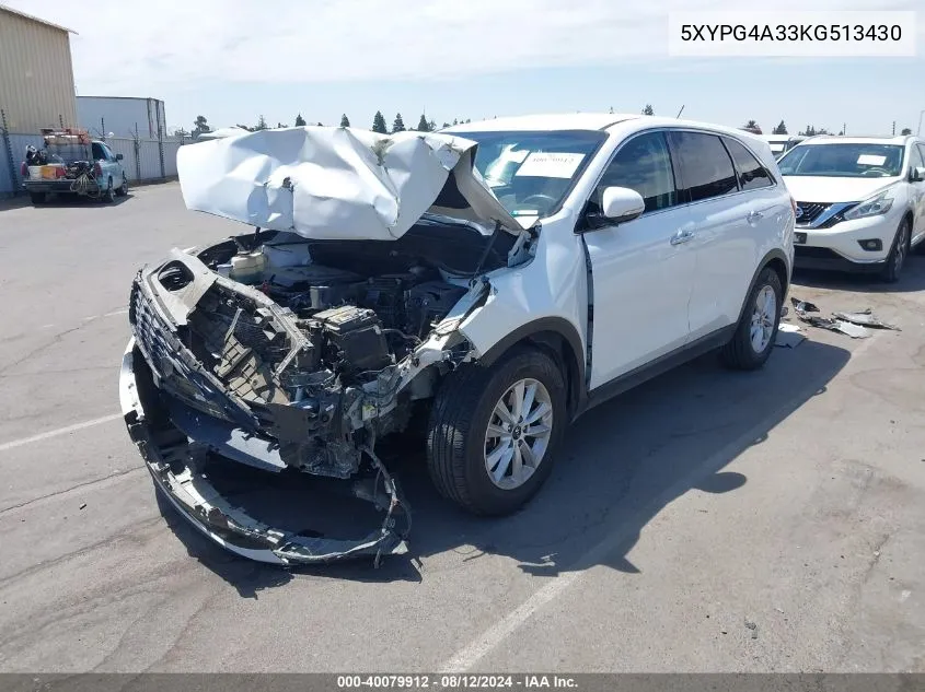 2019 Kia Sorento 2.4L Lx VIN: 5XYPG4A33KG513430 Lot: 40079912