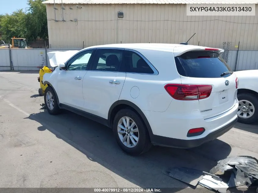 2019 Kia Sorento 2.4L Lx VIN: 5XYPG4A33KG513430 Lot: 40079912