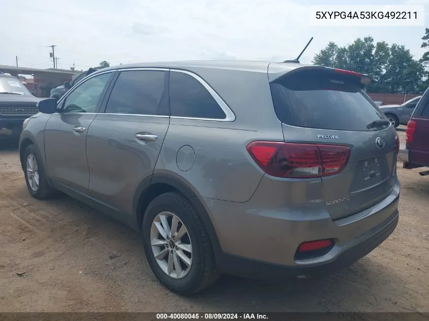 2019 Kia Sorento 3.3L Lx VIN: 5XYPG4A53KG492211 Lot: 40080045