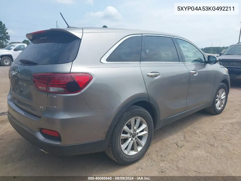 2019 Kia Sorento 3.3L Lx VIN: 5XYPG4A53KG492211 Lot: 40080045