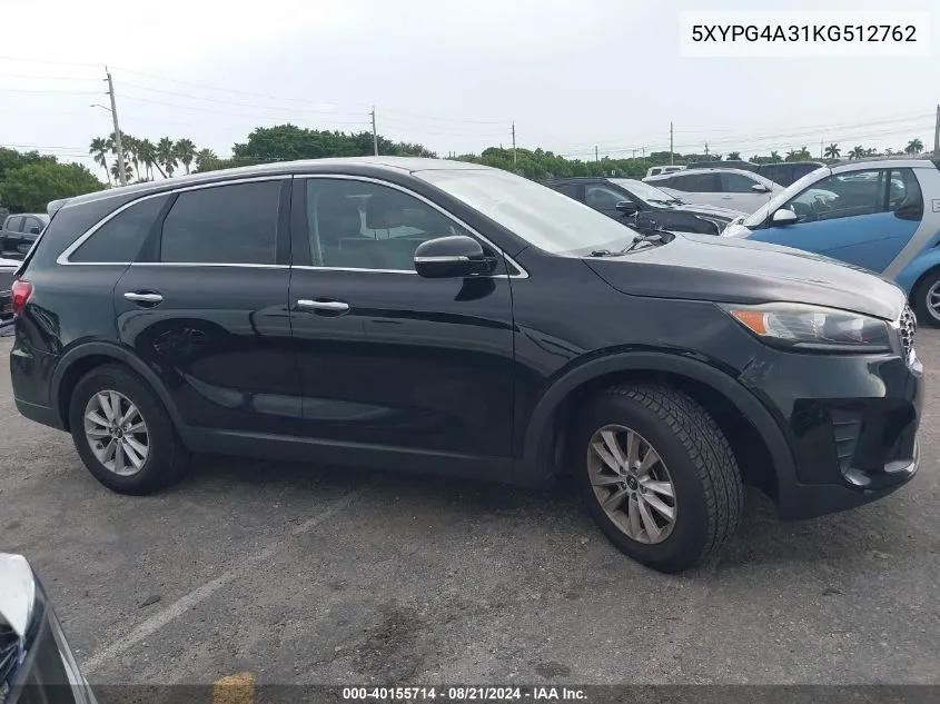 2019 Kia Sorento 2.4L Lx VIN: 5XYPG4A31KG512762 Lot: 40155714