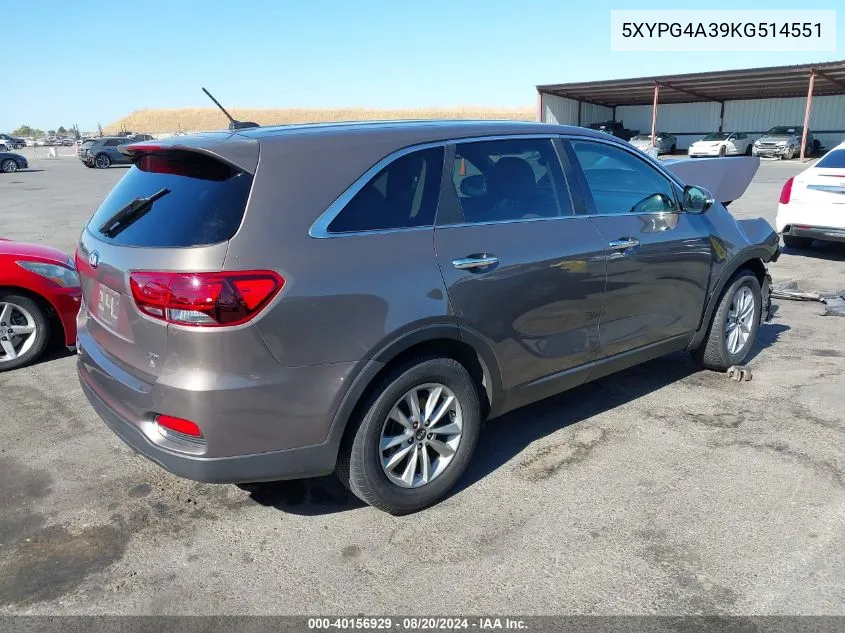 2019 Kia Sorento 2.4L Lx VIN: 5XYPG4A39KG514551 Lot: 40156929