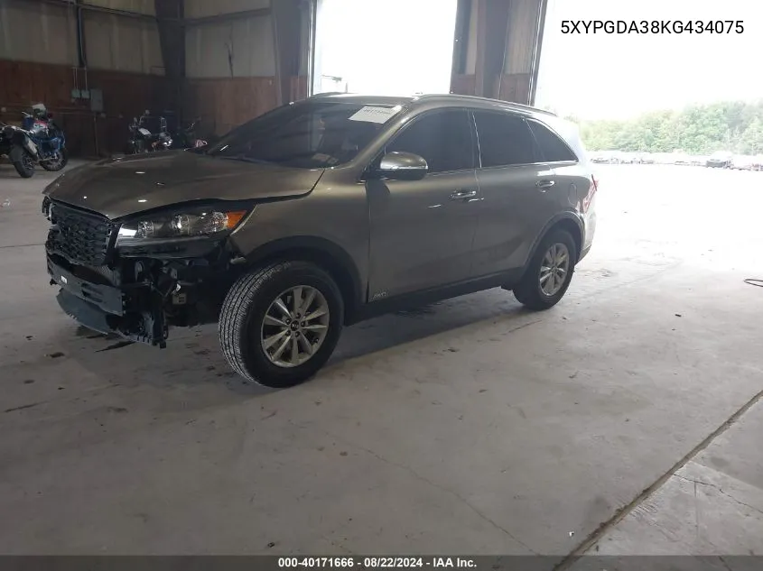 2019 Kia Sorento 2.4L Lx VIN: 5XYPGDA38KG434075 Lot: 40171666