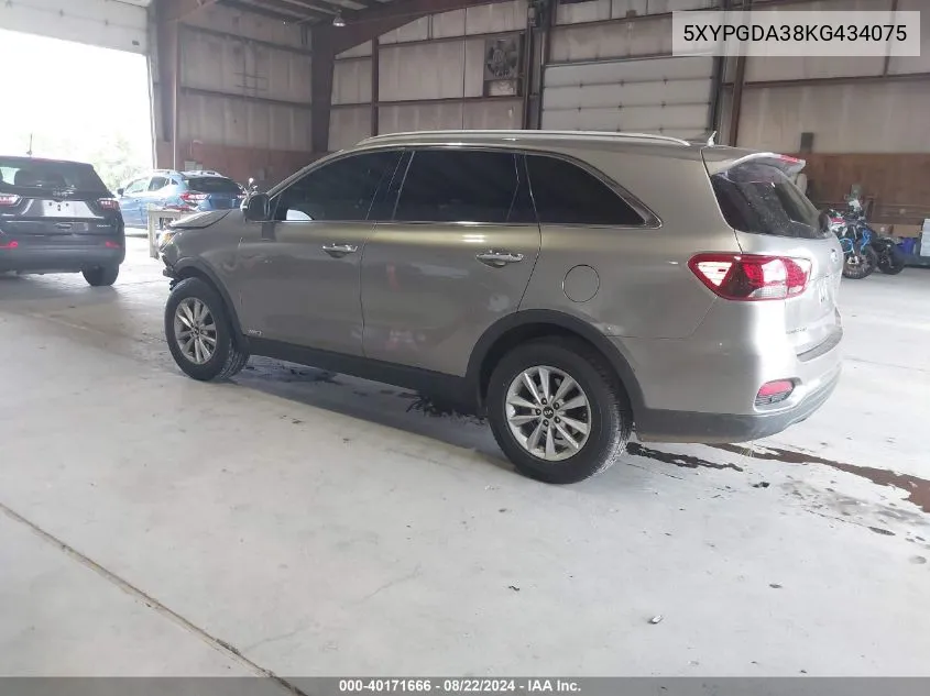 2019 Kia Sorento 2.4L Lx VIN: 5XYPGDA38KG434075 Lot: 40171666