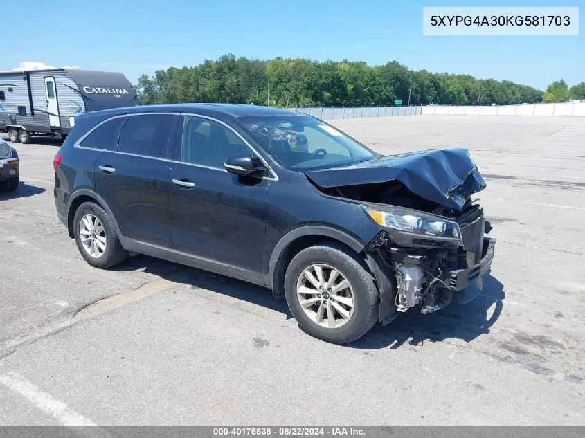 2019 Kia Sorento 2.4L L VIN: 5XYPG4A30KG581703 Lot: 40175538