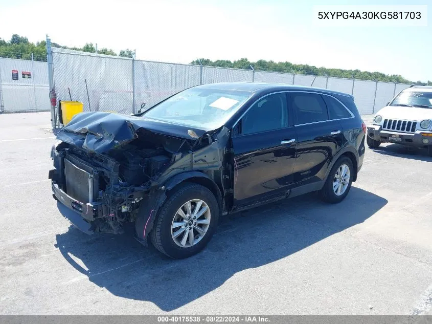 2019 Kia Sorento 2.4L L VIN: 5XYPG4A30KG581703 Lot: 40175538