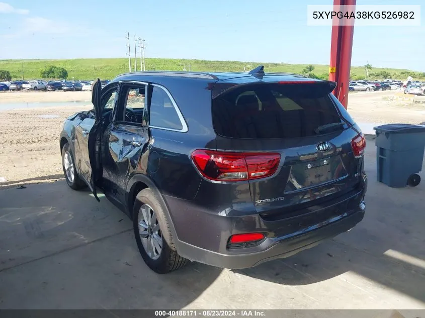 2019 Kia Sorento 2.4L Lx VIN: 5XYPG4A38KG526982 Lot: 40188171