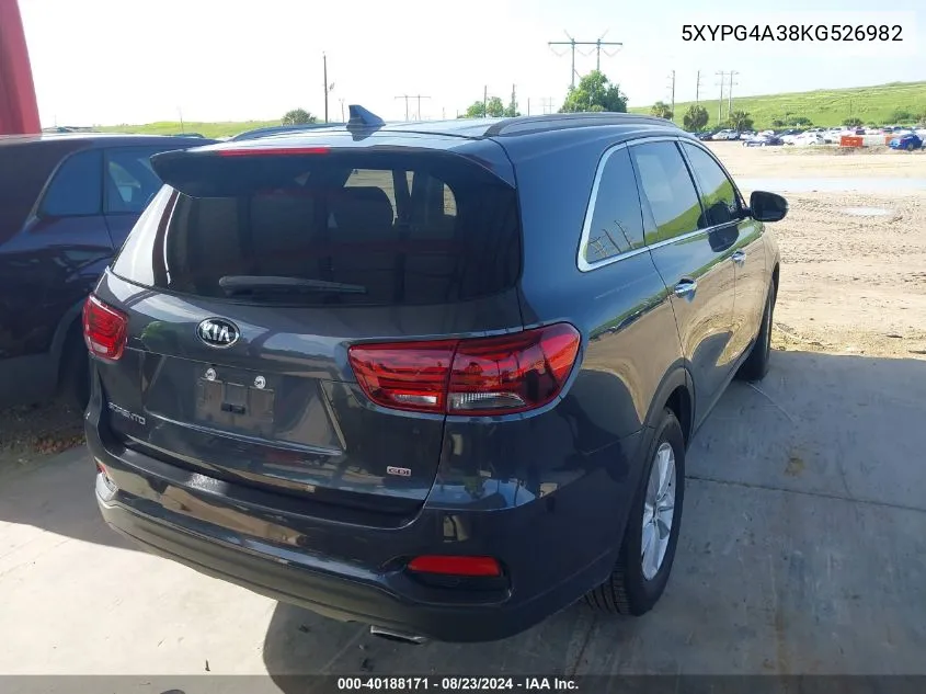 2019 Kia Sorento 2.4L Lx VIN: 5XYPG4A38KG526982 Lot: 40188171