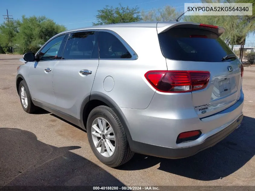 2019 Kia Sorento 3.3L Lx VIN: 5XYPGDA52KG564340 Lot: 40188280