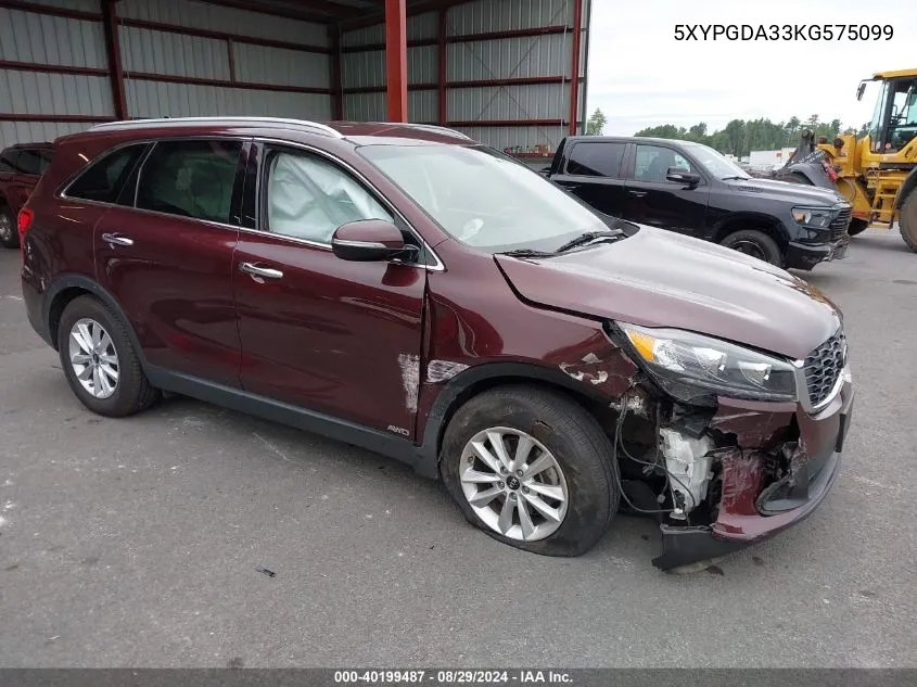 2019 Kia Sorento 2.4L Lx VIN: 5XYPGDA33KG575099 Lot: 40199487