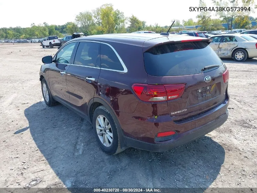 2019 Kia Sorento 2.4L Lx VIN: 5XYPG4A38KG573994 Lot: 40230720