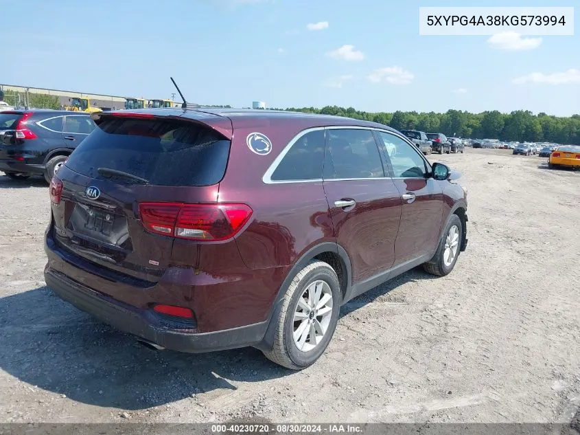 2019 Kia Sorento 2.4L Lx VIN: 5XYPG4A38KG573994 Lot: 40230720