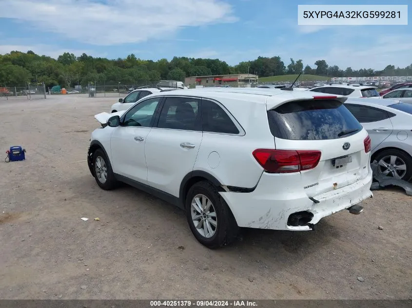 2019 Kia Sorento 2.4L L VIN: 5XYPG4A32KG599281 Lot: 40251379