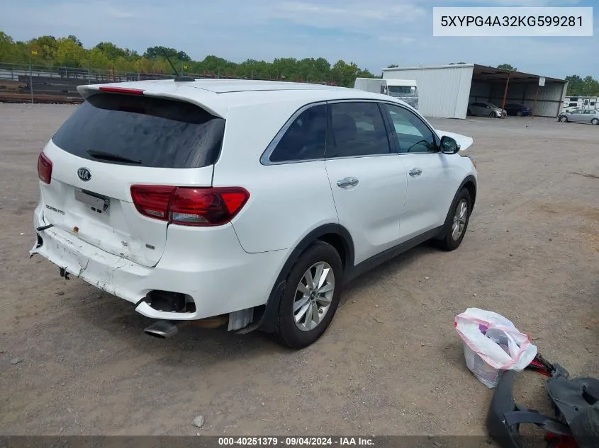 2019 Kia Sorento 2.4L L VIN: 5XYPG4A32KG599281 Lot: 40251379